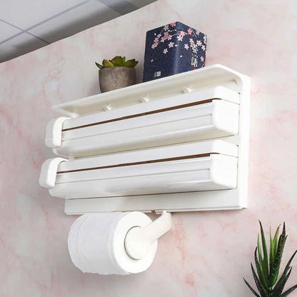 4-in-1 Wall-Mounted Kitchen Paper Dispenser with Wrap Cutter and Storage Shelf - One Stop Shop