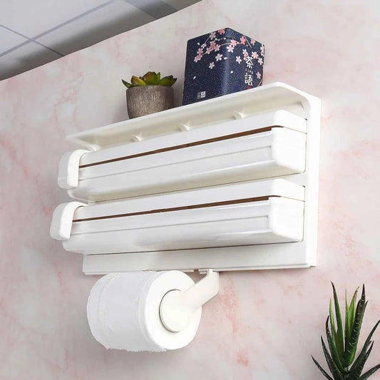 4-in-1 Wall-Mounted Kitchen Paper Dispenser with Wrap Cutter and Storage Shelf - One Stop Shop
