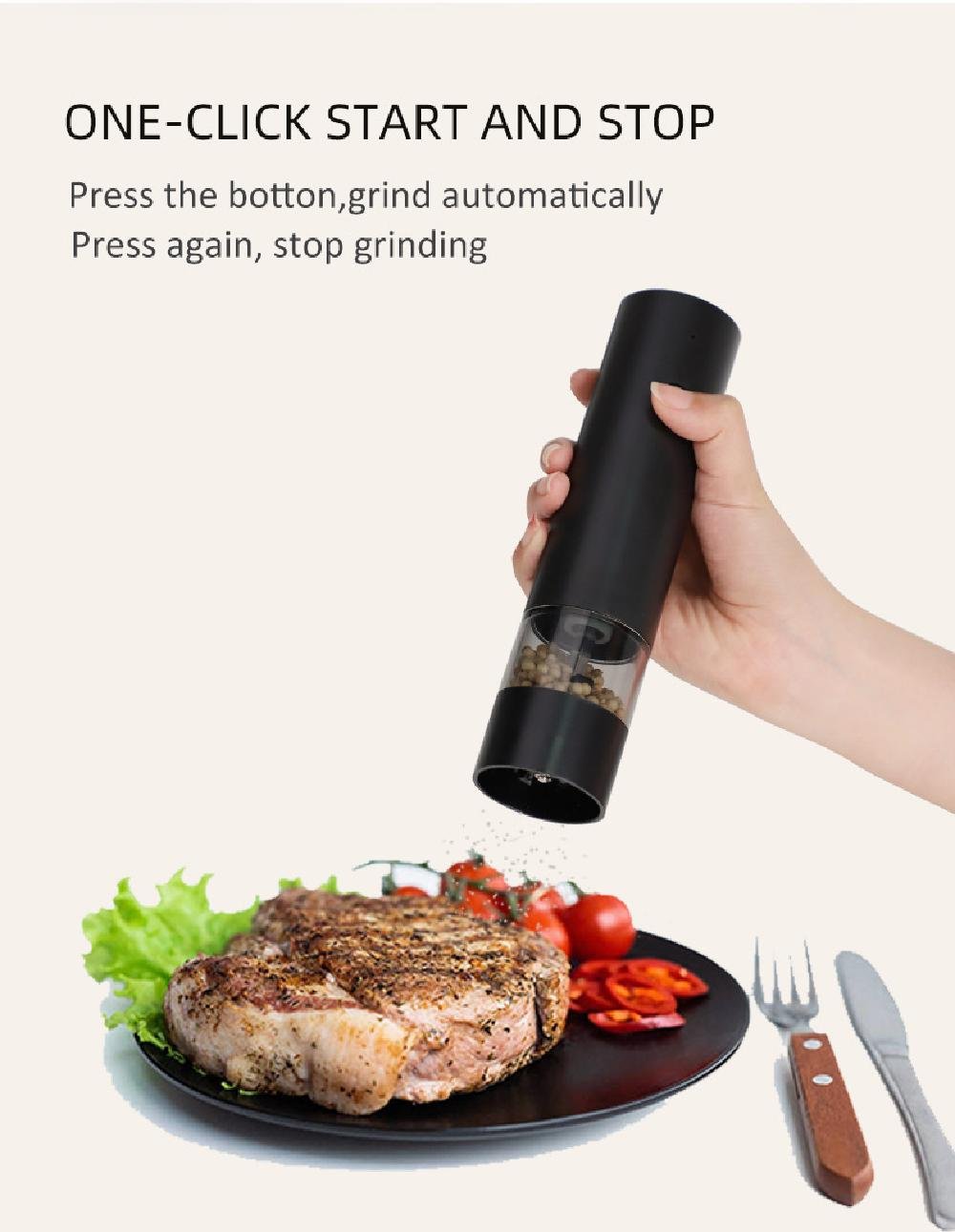 USB Rechargeable Electric Salt and Pepper Grinder – Black Finish Front View - One Stop Shop